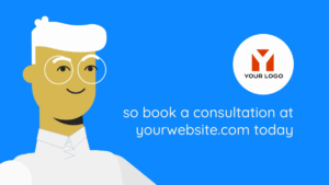 Illustration of a person in glasses and a white hat beside a logo and text that reads, "so book a consultation at yourwebsite.com today" on a blue background.