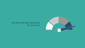 A gauge graphic with the needle pointing to the highest level and the text: "and the whole team geared up for a busy Q1" on a teal background.