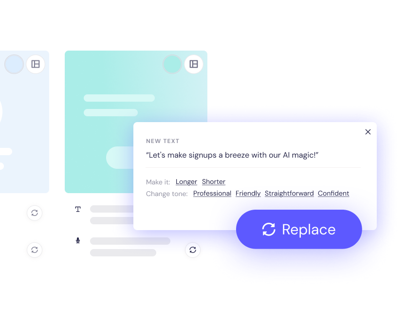 A user interface shows a text editing tool with options to change length and tone of a message, and a large “Replace” button.