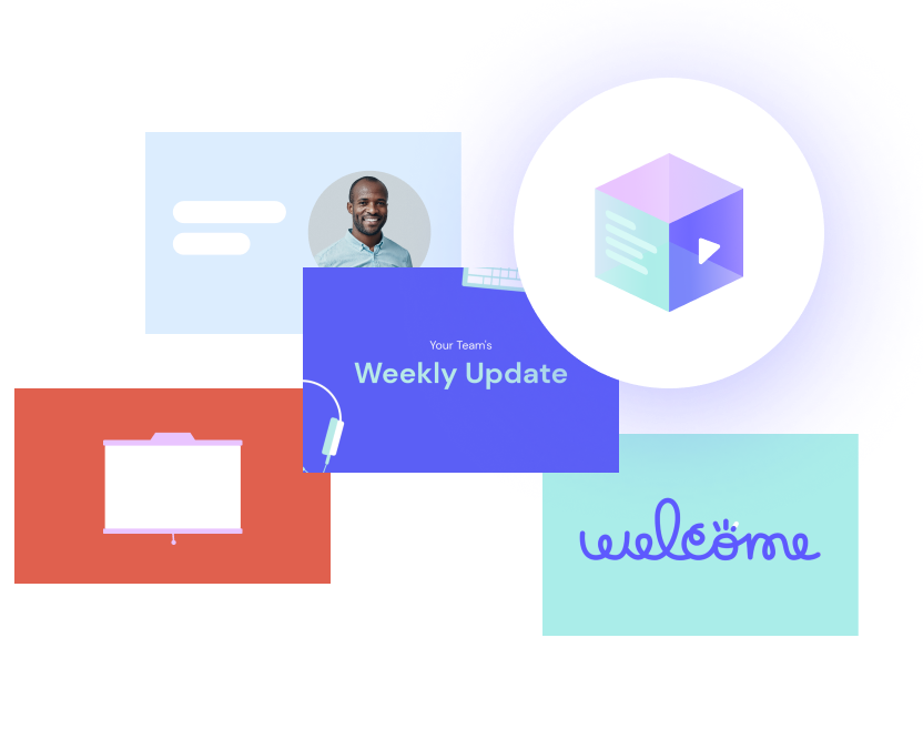 A collage of graphics including a profile photo, “Weekly Update” card, welcome text, presentation board, and a 3D cube icon.
