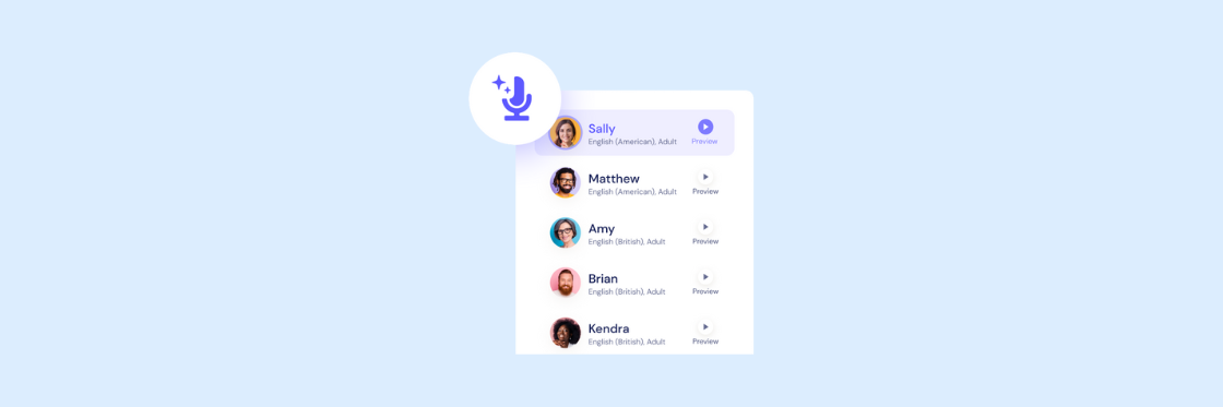 text-to-speech voiceover blog (1) A user interface displays a list of five voice profiles with names, avatars, language details, and play buttons for previewing each voice.