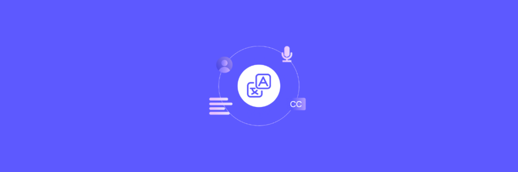 Icons representing translation, speech-to-text, user profile, microphone, subtitles, and text appear on a blue background surrounding a central translation symbol.