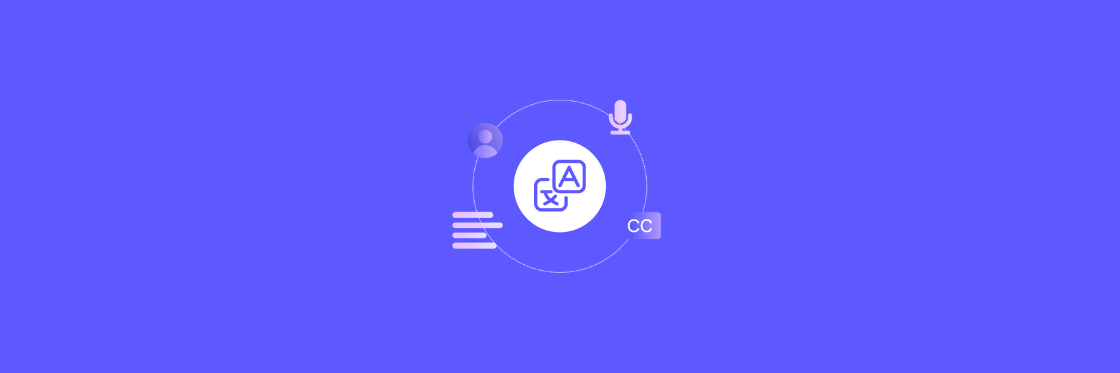 Icons representing translation, speech-to-text, user profile, microphone, subtitles, and text appear on a blue background surrounding a central translation symbol.