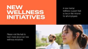 A woman stands outside with eyes closed, appearing calm, while a man is blurred in the background. Text announces a new employee wellness support hub on the intranet.