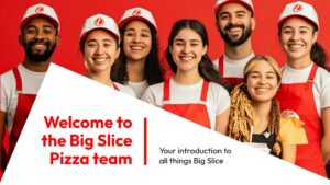 Six smiling pizza restaurant employees in red aprons and hats stand together in front of a red background. Text reads, "Welcome to the Big Slice Pizza team.