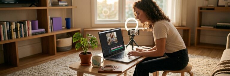 A woman sits at a low table working on a laptop with a video call open; a ring light and smartphone are set up nearby in a well-lit living room.