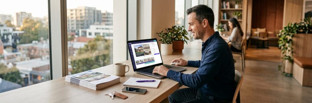 Man works on a laptop at a large window-side desk, with notebooks, a pen, phone, and coffee cup nearby; cityscape visible outside.