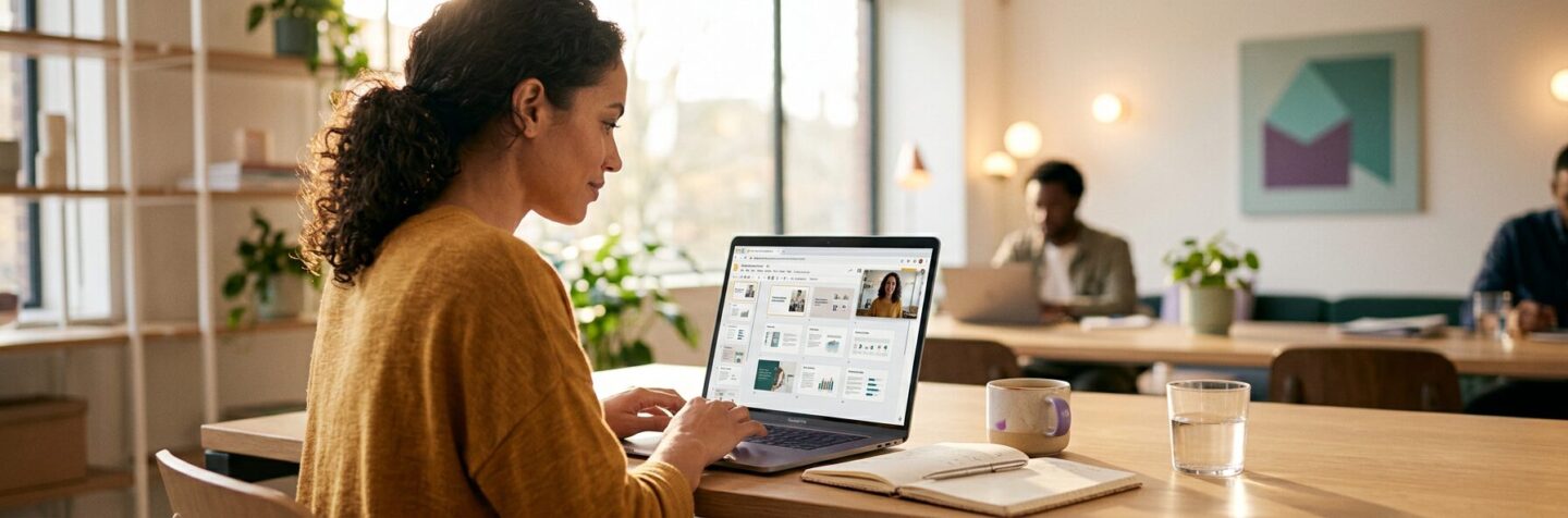 A woman sits at a wooden table working on a laptop, with a notebook, mug, and glass of water beside her in a well-lit, modern office space.