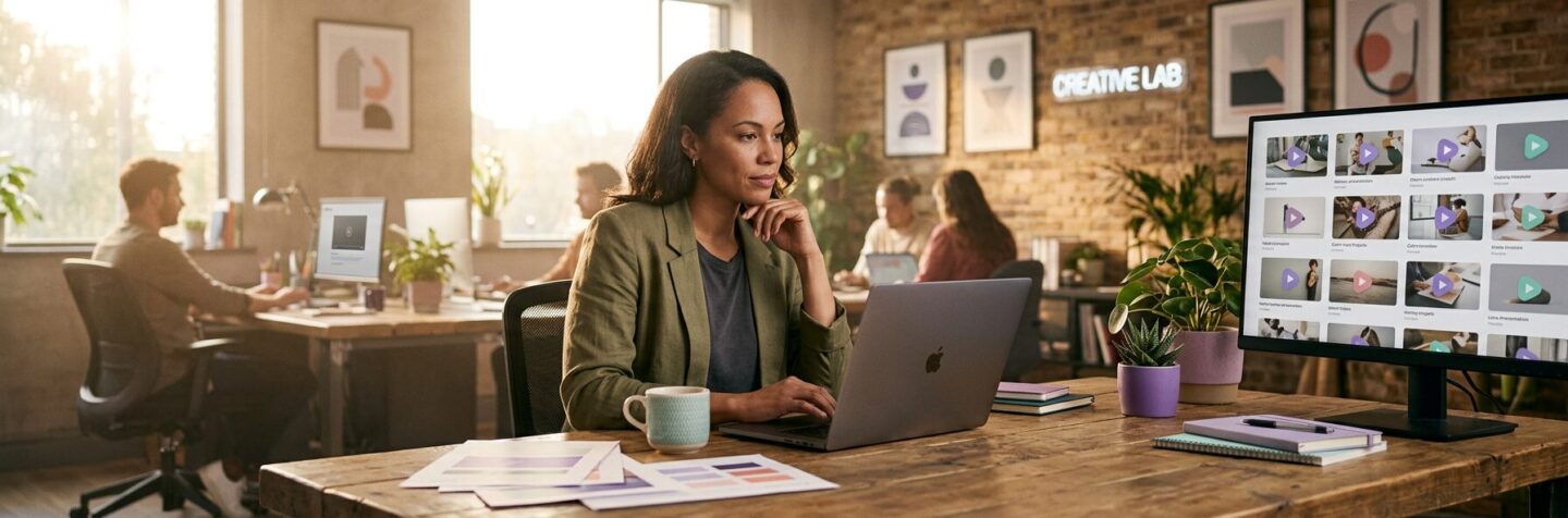 Woman works at a desk with a laptop in a modern office. A monitor displays project thumbnails. Other people work in the background. The room is decorated with plants and framed art.