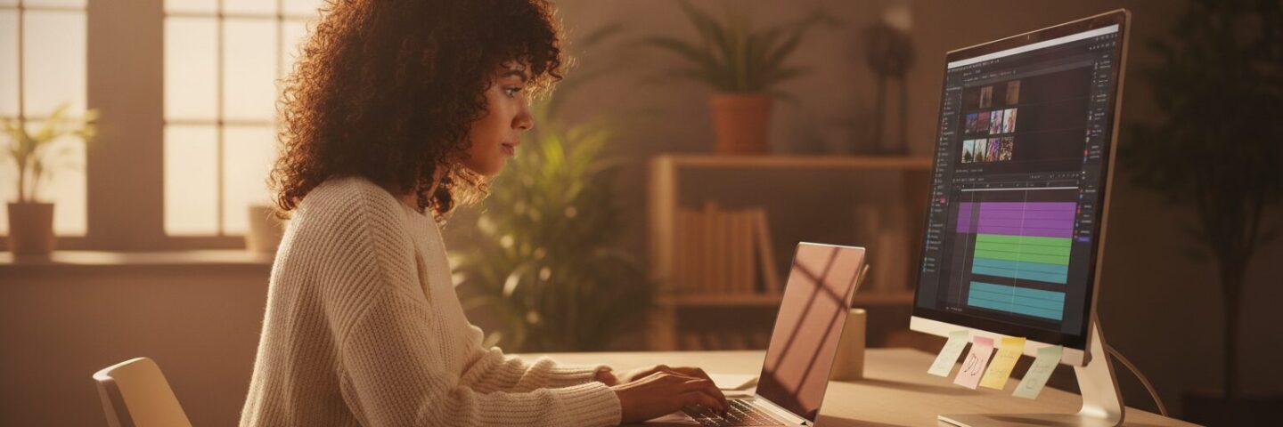 Woman at a sunlit desk carefully drafting notes while working on video content on a laptop and monitor