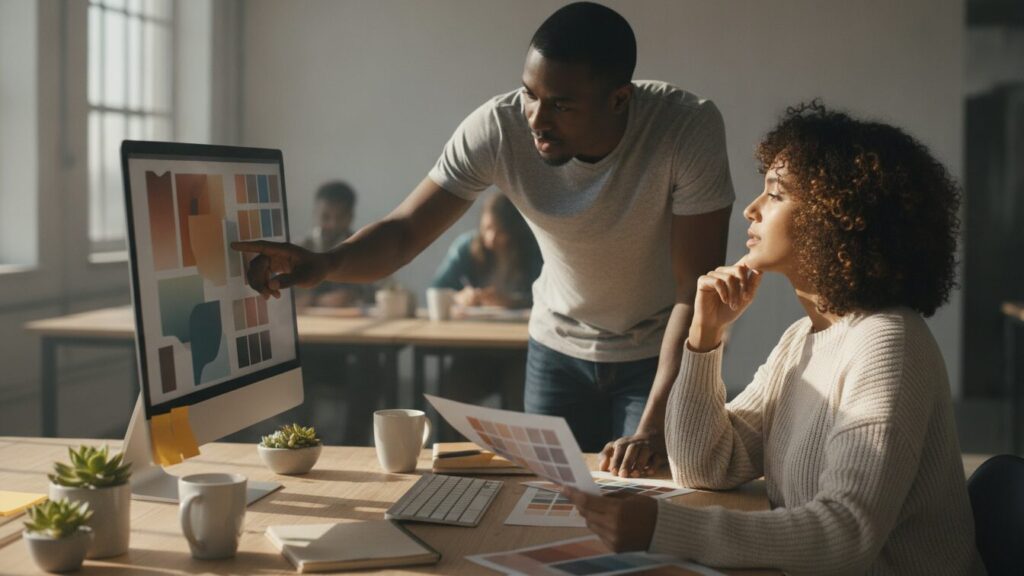 Two coworkers reviewing brand colors and style choices together at a modern workspace