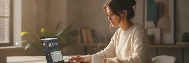 Woman editing a short video clip on a laptop at a sunlit modern desk